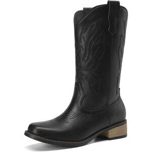 Women's All Black Mid Calf Square Toe Boots Pull On Chunky Heel Embroidery